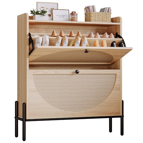 IRONCK Rattan Shoe Cabinet Storage with 2 Flip Drawers, Oak | Free Standing Wooden Shoe Storage Organizer Cabinet with Rattan Doors for Entryway, Narrow Shoe Rack Cabinet