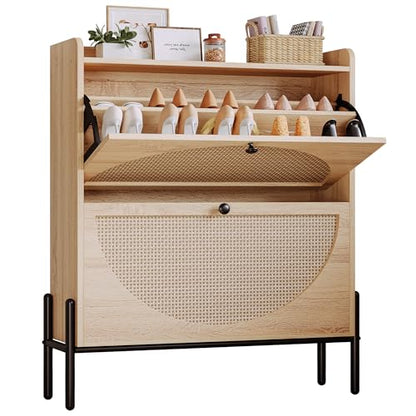 IRONCK Rattan Shoe Cabinet Storage with 2 Flip Drawers, Oak | Free Standing Wooden Shoe Storage Organizer Cabinet with Rattan Doors for Entryway, Narrow Shoe Rack Cabinet
