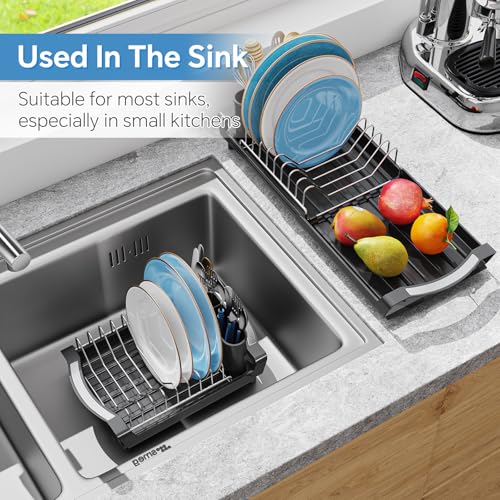 Small Dish Drying Rack, Compact Expandable Dish Ra... (Black | Plastic)