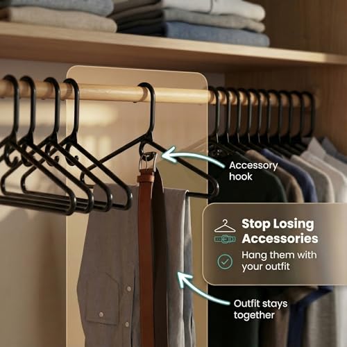 DEILSY™ Heavy Duty Plastic Hangers 30 Pack Thick Black Heavy Duty Hangers | Thick plastic hangers with built-in accessory hook, sturdy plastic hangers for coats, jeans, pants and heavy garments
