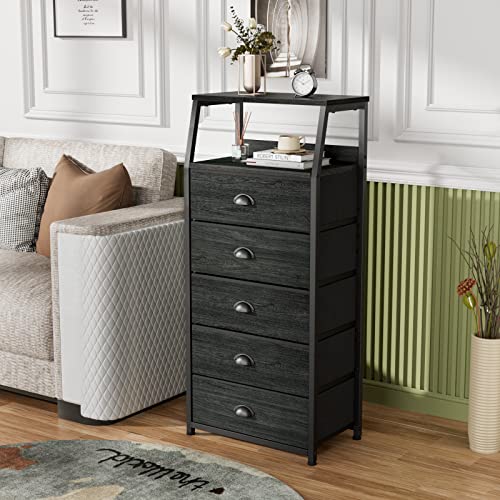 Black Dresser for Bedroom, Fabric Dorm Tall Nightstand | 5 Drawers Chests of drawers, Closet Organizer, Bedside Table Furniture for Living Room, Sturdy Steel Frame, Wood Top