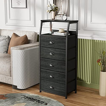 Black Dresser for Bedroom, Fabric Dorm Tall Nightstand | 5 Drawers Chests of drawers, Closet Organizer, Bedside Table Furniture for Living Room, Sturdy Steel Frame, Wood Top