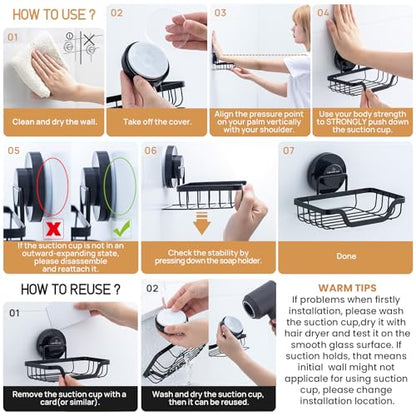 Soap Dish, Soap Bar Holder for Shower Suction Cup Wall Mounted | Stainless Steel No-Drilling Removable Waterproof Sponge Holder for Bathroom Bathtub Kitchen Sink, Keep Dry, Black