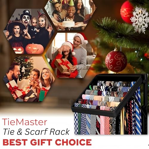 TieMaster Wall Mounted Tie Rack and Scarf Organizer with 5 Belt Hooks | Battery-Free, Holds 60 Ties and Scarves, Easy Installation, Sleek Durable Plastic Design for closet, Gift for Men and Women