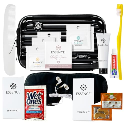 Essence Travel Amenity Kit | Travel Essentials & Travel Size Toiletries Kit | 5-Pack Nasal Diffuser Rings, Sleep Mask, Lotion & Hygiene Kit | Travel Toiletry Kit for Women | Black Case