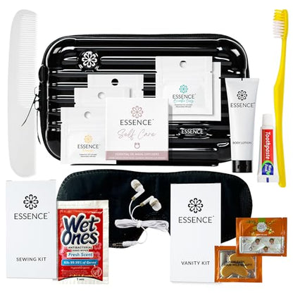 Essence Travel Amenity Kit | Travel Essentials & Travel Size Toiletries Kit | 5-Pack Nasal Diffuser Rings, Sleep Mask, Lotion & Hygiene Kit | Travel Toiletry Kit for Women | Black Case