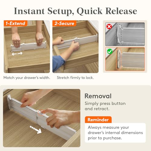 Lifewit 3.2" High Drawer Dividers for Clothes, Adjustable Drawer Organizers | 10.5"-16.5" Expandable Plastic Separator for Dresser, Kitchen, Cabinet, Closet, Nursery, Socks & Underwear Storage, 4 Pack