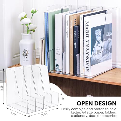 Vertical Magazine File Holder, Clear, 4 Pack | Plastic, Holds Magazines, Binders, Notebooks, Envelopes, Desk Organizer and Storage Bins