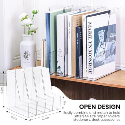 Vertical Magazine File Holder, Clear, 4 Pack | Plastic, Holds Magazines, Binders, Notebooks, Envelopes, Desk Organizer and Storage Bins