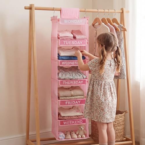 Thyle 6-Shelf Weekly Clothes Organizer for Kids, Hanging Daily Closet Organization with 12 Side Pockets, Pink Days of the Week Clothing Divider Storage for Boys and Girls