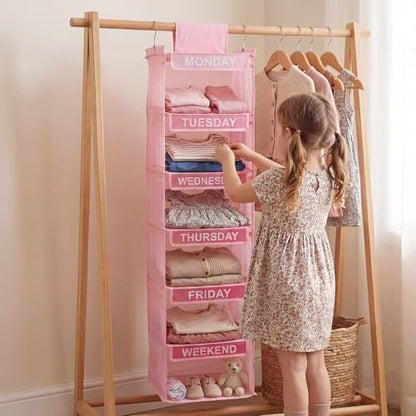 Thyle 6-Shelf Weekly Clothes Organizer for Kids, Hanging Daily Closet Organization with 12 Side Pockets, Pink Days of the Week Clothing Divider Storage for Boys and Girls