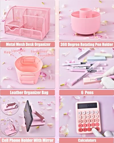 21Pcs Pink Desk Organizers and Accessories With Mesh Desk Organizer and 360°Rotating Pen Holder and a Lot of Office Pink Office Supplies Beautifully Presented in a Gift Box
