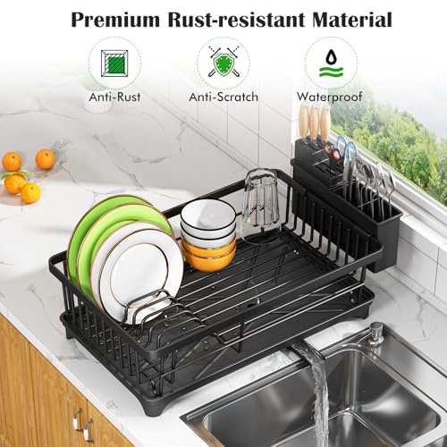 Kmiectse Dish Drying Rack for Small Kitchen Counter with Utensil Holder | Space Saving, Rust Resistant, Quick Drainage Dish Rack, Compact Dish Drainer Organizer for Home Kitchen, Black