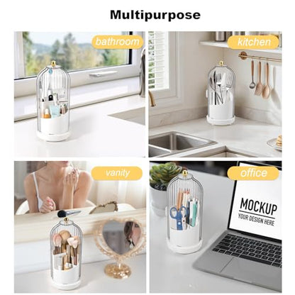 Toothbrush Holders with Cover Toothpaste Organizer for Bathroom, White | 360° Rotating, Dustproof Sliding Lid, Drainage Holes, Waterproof, for Kids Electric Toothbrush Makeup Brush Storage