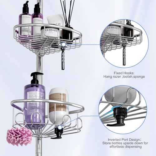 Corner Shower Caddy Tension Pole: Stainless Steel Rustproof 4-Tier Shower Organizer - 47-121 inch Adjustable Bathroom Shelves for Bathtub Shampoo Storage - Tension Rod Floor Standing Bath Rack