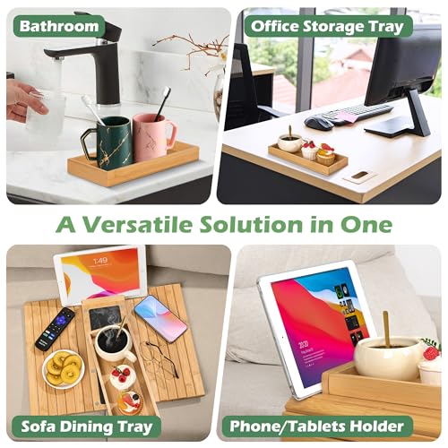 Joy&Grace Couch Arm Tray, 3-in-1 Magnetic Detachable Sofa Arm Table with Phone and Tablet Holder Bamboo Couch Cup Holder, Foldable Sofa Armrest Tray for Eating, Drinks, Phones (Natural)