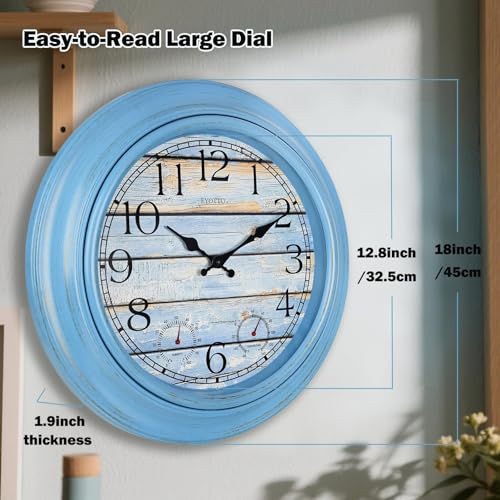 eYotto 18-Inch Outdoor Wall Clock with Waterproof Thermometer & Hygrometer | Weather-Resistant, Battery Operated, Large Easy-Read Dial, Silent Non-Ticking; Patio, Pool, Garden, Porch, Beach House Decor