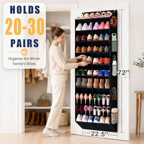 20-30 Pairs Over the Door Shoe Organizer with Side Mesh Pockets, 10-Tier Hanging Shoe Storage for Closet, Breathable Door Shoe Rack Holds Sneakers, Boots, Heels & Daily Essentials, Black