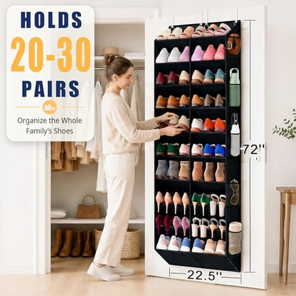 20-30 Pairs Over the Door Shoe Organizer with Side Mesh Pockets, 10-Tier Hanging Shoe Storage for Closet, Breathable Door Shoe Rack Holds Sneakers, Boots, Heels & Daily Essentials, Black
