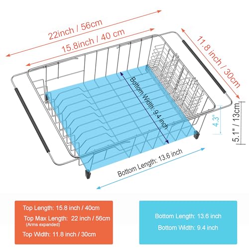 Expandable Dish Drying Rack Over Sink, Rustproof Stainless Steel Basket Shelf, Multifunctional Dish Drainer Organizer with Utensil Cutlery Holder