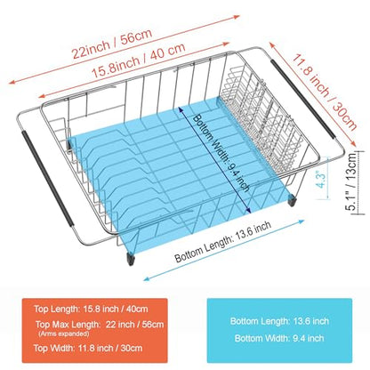 Expandable Dish Drying Rack Over Sink, Rustproof Stainless Steel Basket Shelf, Multifunctional Dish Drainer Organizer with Utensil Cutlery Holder