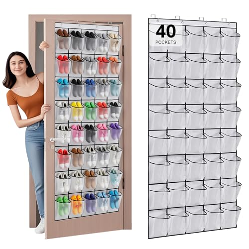 40 Large Mesh Pocket Over the Door Shoe Organizer,Hanging Shoe Rack for Door,Hualleko Shoes Organizer Hanger with Large Capacity, Shoes Storage Holder Sturdy Non-woven Fabric - Stores 20 Pairs (White)