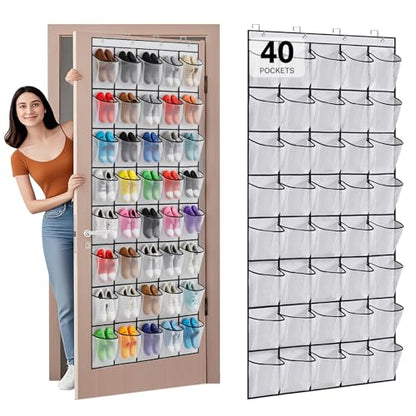 40 Large Mesh Pocket Over the Door Shoe Organizer,Hanging Shoe Rack for Door,Hualleko Shoes Organizer Hanger with Large Capacity, Shoes Storage Holder Sturdy Non-woven Fabric - Stores 20 Pairs (White)