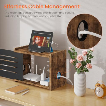 Router Shelf, Wood Wifi Box Hider, Projector Shelf Stand, Router Modem Storage Box Power Strip Cable Management Hider Rack, Routers Cover Organizer for Office Home, Rustic Brown