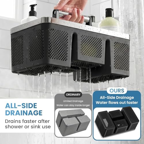 Plastic Shower Caddy Dorm: Portable Cleaning & Shower Caddy with Handle, 4 Divided Compartments, All-Side Drainage, Rigid Plastic Basket Tote for College Dorm & Bathroom Use, Black/Silver