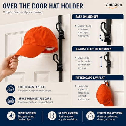 Perfect Curve CapRack | Over-The-Door Hat Organizer for Baseball Caps | 2 Straps, Holds 18-36 Adjustable Caps | Black