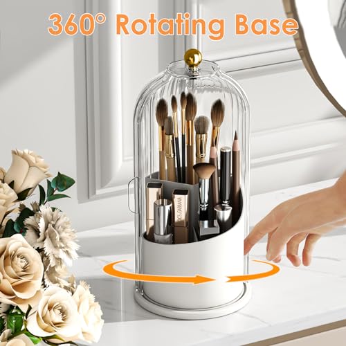 YOOLENS Makeup Brush Holder with Lid 360 Rotating Clear Dustproof Make Up Organizers for Vanity Bathroom Countertop, Transparent | with Lid