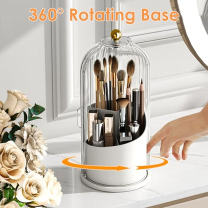 YOOLENS Makeup Brush Holder with Lid 360 Rotating Clear Dustproof Make Up Organizers for Vanity Bathroom Countertop, Transparent | with Lid