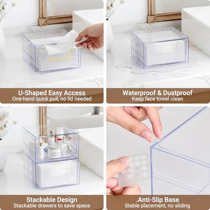 Disposable Face Towel Box with Drawer & U‑Shaped Opening – Clear Acrylic Dustproof Storage for XL Clean Skin Club, Holds 50+, for Bathroom & Vanity 1Pcs