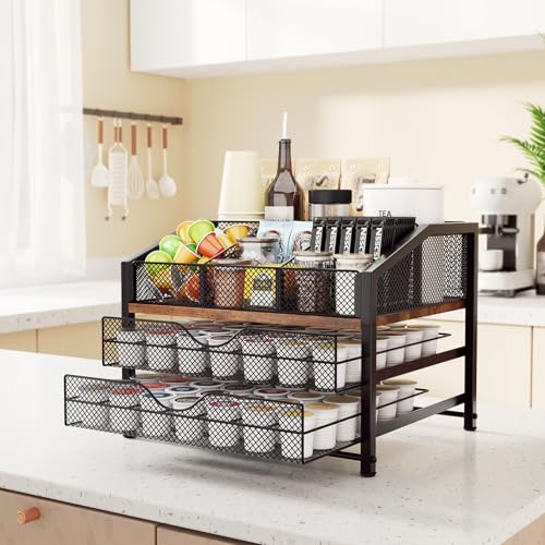 Coffee Bar Organizer - Coffee Station for Countertop, Metal and Wood K Cup holder Storage Basket for Coffee Pods, Syrup, Cups, Stirrer, Coffee Condiment, Tea Organizer, Black and Brown