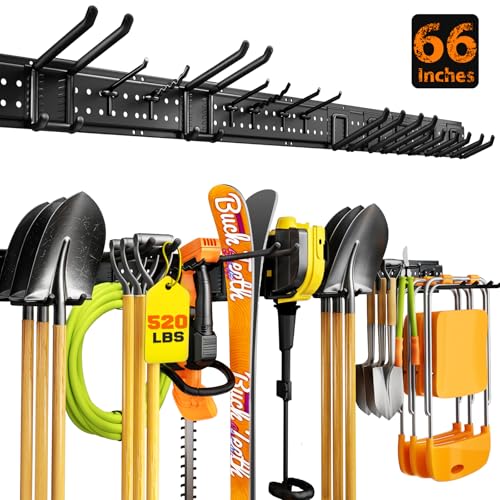 Garage Tool Organizer Wall Mount 66 inches with 13 Adjustable Heavy-Duty Hooks, Garage Organization, Garden Tool Storage Rack for Garage, Yard, and Shed, Holds Up to 520 lbs