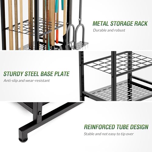 Garden Tool Organizer Rack Up to 50 Tools, Heavy-Duty Steel Yard Tool Organizer for Garage Storage with 11 Hooks, Broom Holder & Garden Tool Rack for Shed, Patio, Outdoor Use, Black