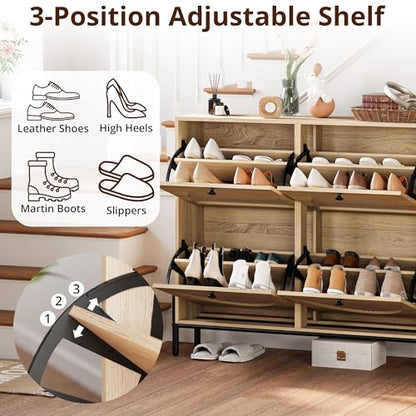 IRONCK Rattan Shoe Cabinet Storage with 4 Flip Drawers, Oak | Freestanding Shoe Storage Organizer Cabinet for Entryway, Narrow Shoe Rack Cabinet