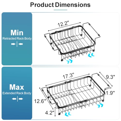 Dish Drying Rack Over the Sink, Expandable Dish Drainer for Small Kitchen, Apartment, RV, Dish Strainer with Utensil Holder and Twist-Lock, Space Saving, Black