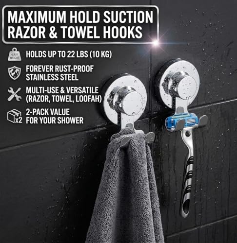 Suction Cup Hooks Razor Holder Powerful Vacuum Organizer for Towel, Razor, Coat, Bathrobe and Loofah 304 Stainless Steel Removable Hooks for Bathroom & Kitchen, Towel Hanger Storage (Silver)