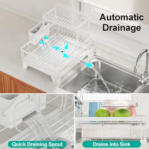 2 Tier Dish Drying Rack - Expandable Over Sink & C... (White | Metal)