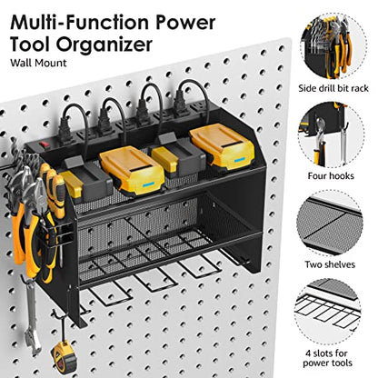 CCCEI Wall Mount Modular Tool Charging Organizer, Black, 1 Pack, 3 Tier. | Drill Battery Storage Rack with Hooks, Garage Workshop, Gifts for Men, Dad, Husband Anniversary, Birthday, Christmas