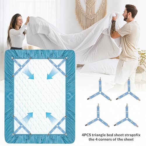 Bed Sheet Straps, 8-Pack Adjustable Bed Sheet Clips - Easy Install Secure Fit Clips, Non-Slip Elastic Holders for Fitted Sheets | Keep Sheets in Place (Blue)