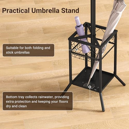 Coat Rack Freestanding, Metal Coat Rack with Umbrella Holder | 12 Hooks, Square Base, Heavy Duty Floor Standing Coat Tree for Entryway, Hallway, Living Room, Bedroom, Office, Black