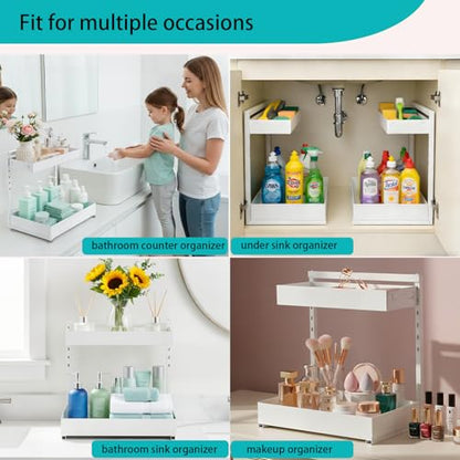 Under Sink Organizer, Bathroom Counter Organizer, 2 Packs 2-Tier Metal, Under Cabinet Storage, Makeup Storage, Adjustable Height & Slide-Out Drawer for Kitchen Bathroom, White