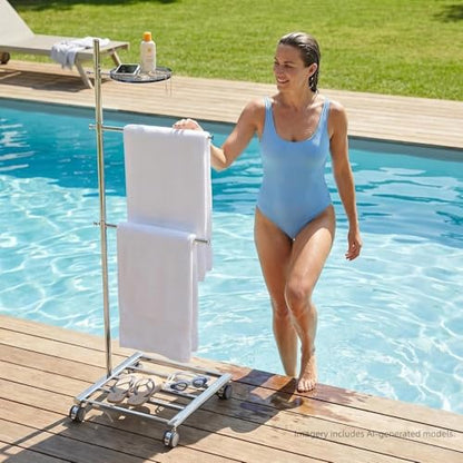 LOFIR Silver Stainless Steel Freestanding Pool Towel Rack | 2-bar stainless towel rack with tray & base storage for pool, hot tub, patio and bathroom towel drying use