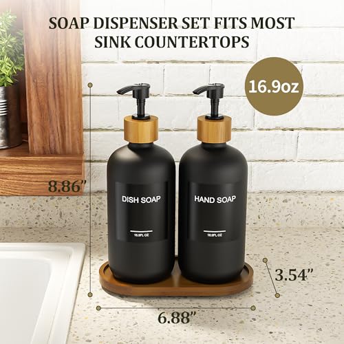 MASADI Black Soap Dispenser Set with Tray, Dish and Hand soap Lotion Dispenser Set with Wooden Pump for Kitchen and Bathroom Decor for Counter, Modern Vintage Liquid Soap Dispensers