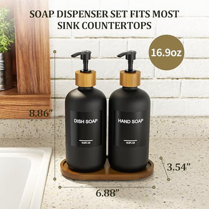 MASADI Black Soap Dispenser Set with Tray, Dish and Hand soap Lotion Dispenser Set with Wooden Pump for Kitchen and Bathroom Decor for Counter, Modern Vintage Liquid Soap Dispensers