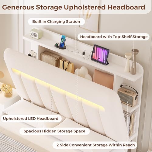 Jocoevol Full Size Bed Frame with Storage Headboard,Upholstered White Bed Frame Full with Storage Drawers and Charging Station,Velvet Platform Metal Bed, Noise-Free No Box Spring Needed