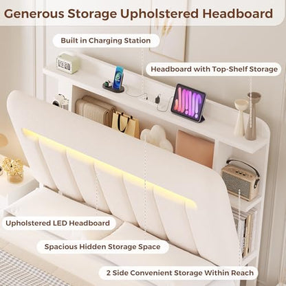 Jocoevol Full Size Bed Frame with Storage Headboard,Upholstered White Bed Frame Full with Storage Drawers and Charging Station,Velvet Platform Metal Bed, Noise-Free No Box Spring Needed