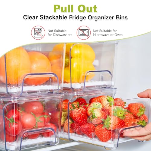 4-Pack Refrigerator Drawer Organizer Bins, Clear Stackable Pull Out Fridge Organizers and Storage Container, with Strainer Layer for Fruits, Vegetables, Drinks, Snack and Food